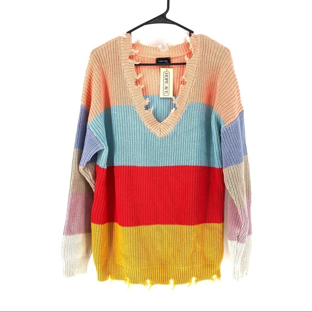 Blank Paige Women's Distressed Colorblock Rainbow Sweater